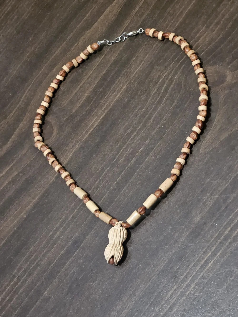 Handcrafted Brown and Beige Wooden Beaded Carved Peanut Necklace